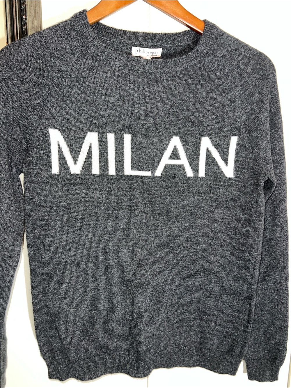 Philosophy Gray Cashmere Sweater with 'MILAN' White Lettering